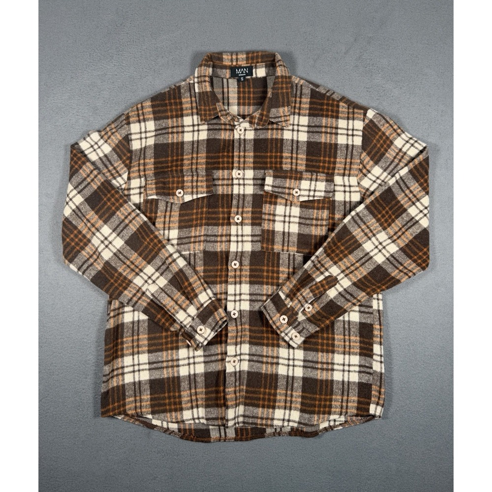BoohooMAN Flannel Shacket Plaid Shirt Brown Beige Orange Mens Size S